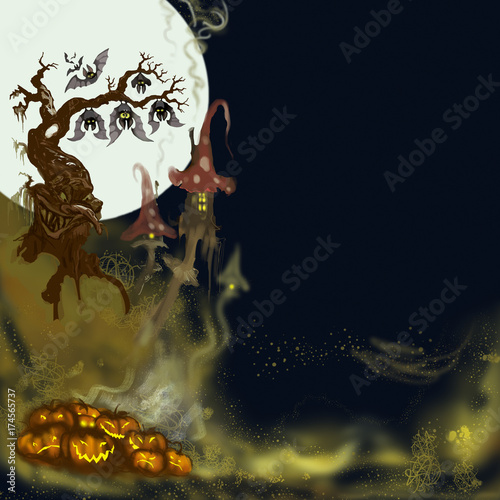 Halloween pumpkins and evil tree on blue Moon background, illustration. Halloween party flyer with pumpkins, evil tree, bats and fly agaric's houses. Halloween collection.
