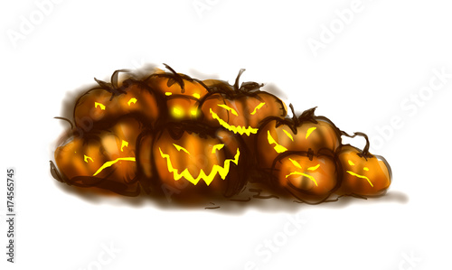 Illustration to Halloween with horror pumpkins on white background. Print on T-shirts, bags, stickers or Halloween cards. Halloween collection.