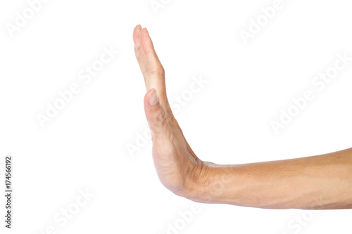 Man making stop gesture with hand isolated on white background with clipping path.