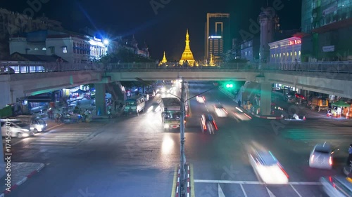 Sule Pagoda Yangon Burma Night-time Timelapse With Busy Road Intersection


