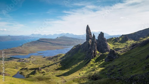 Time lapse of the beautiful and unique old man of storr rock in isle of skye, scotland on sunny day