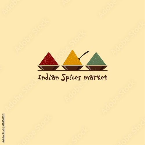  Indian Spices market logo. Spices  emblem. Three bowls with spices