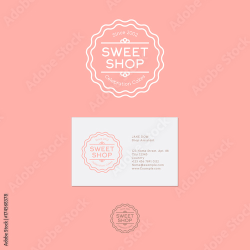 Sweet shop logo. Celebration Cakes emblem. Vintage linear logo on a pink background.