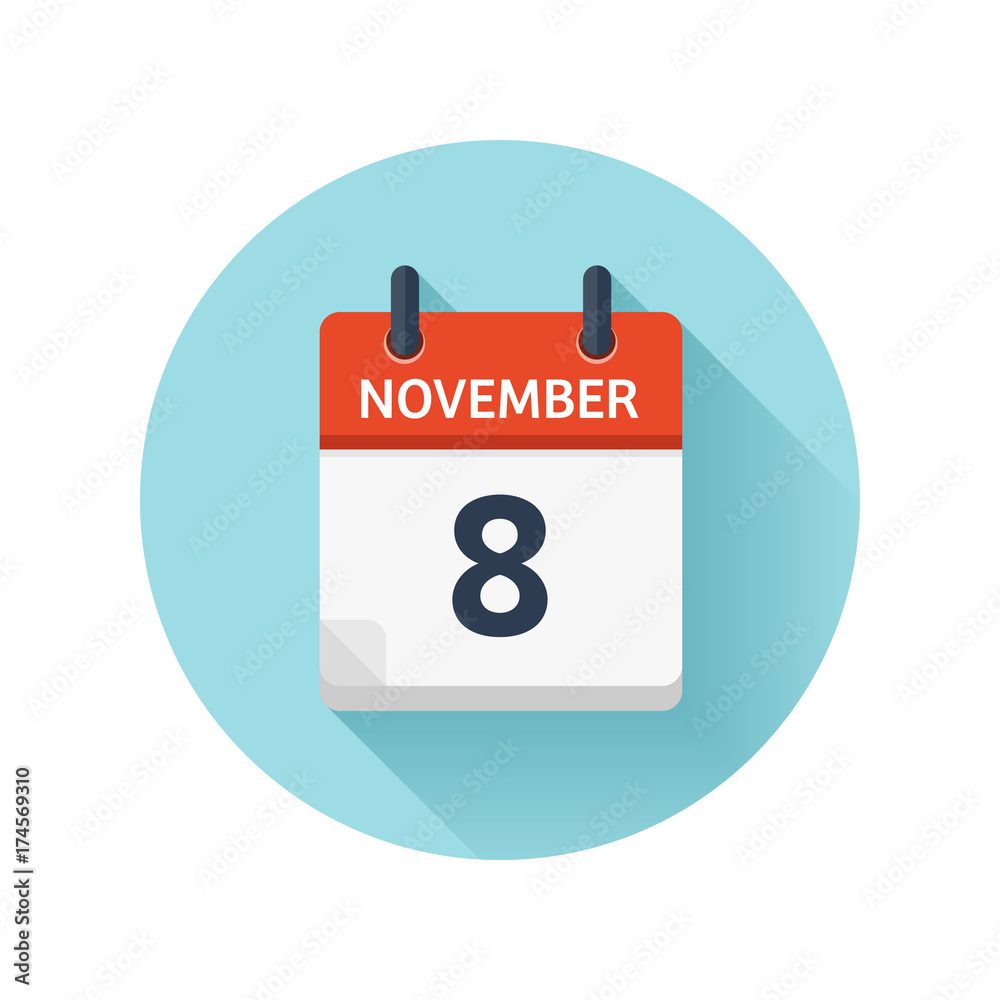 November 8. Vector flat daily calendar icon. Date and time, day, month 2018. Holiday. Season. November 8. Vector flat daily calendar icon. Date and time, day, month 2018. Holiday. Season.