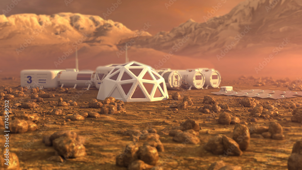 Mars satellite station orbit base martian colony space landscape