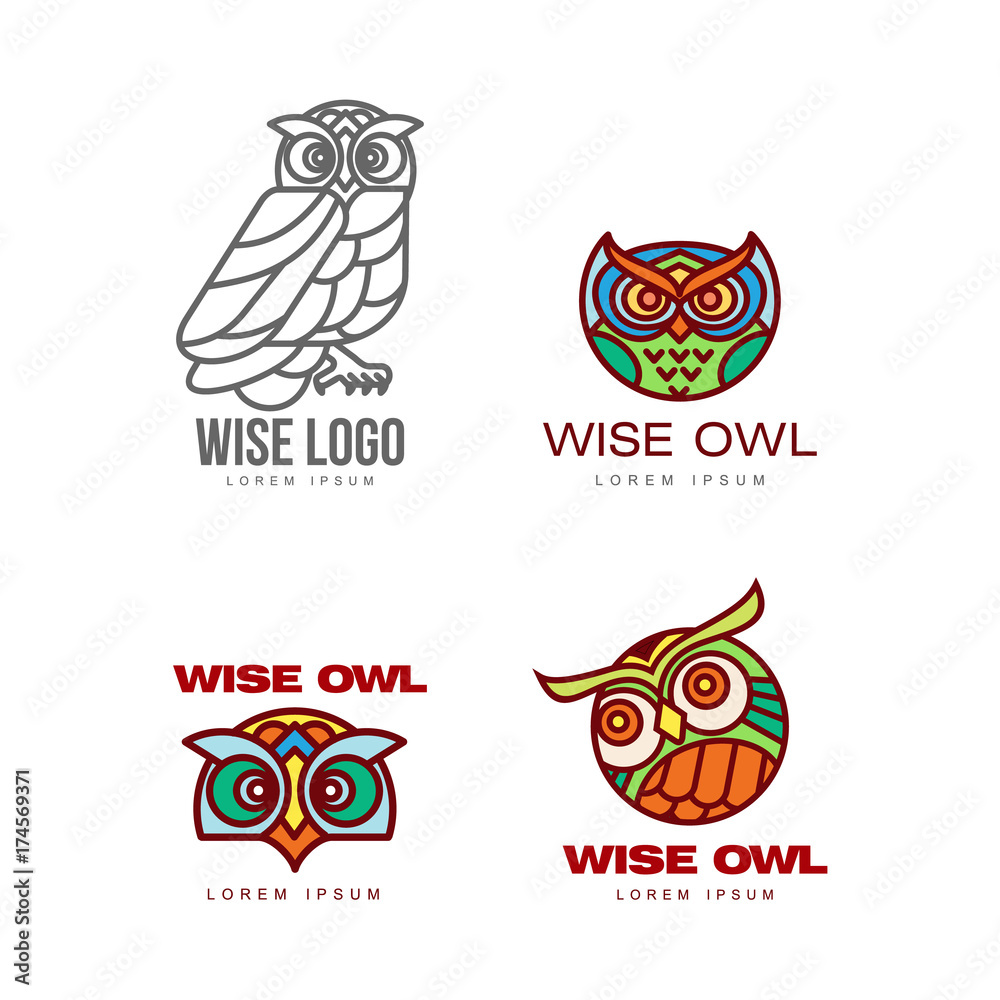 Set of colorful and outlined owl logo templates, vector illustration isolated on white background. Owl head and body logo, logotype, badge templates for companies, schools and colleges Set of colorful and outlined owl logo templates, vector illustration isolated on white background. Owl head and body logo, logotype, badge templates for companies, schools and colleges