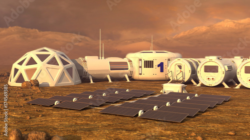 Mars planet satellite station orbit base martian colony space landscape. Elements of this image furnished by NASA.