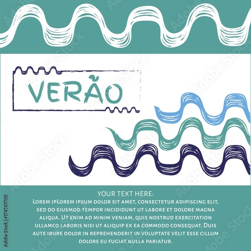 Summer Poster with Hand Drawn Wave Pattern and “Verão” Portuguese Text – Tropical Beach Design