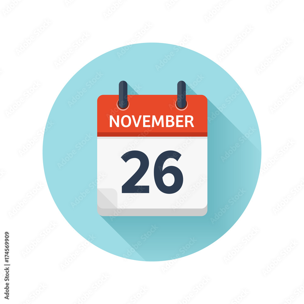 November 26. Vector flat daily calendar icon. Date and time, day, month 2018. Holiday. Season. November 26. Vector flat daily calendar icon. Date and time, day, month 2018. Holiday. Season.