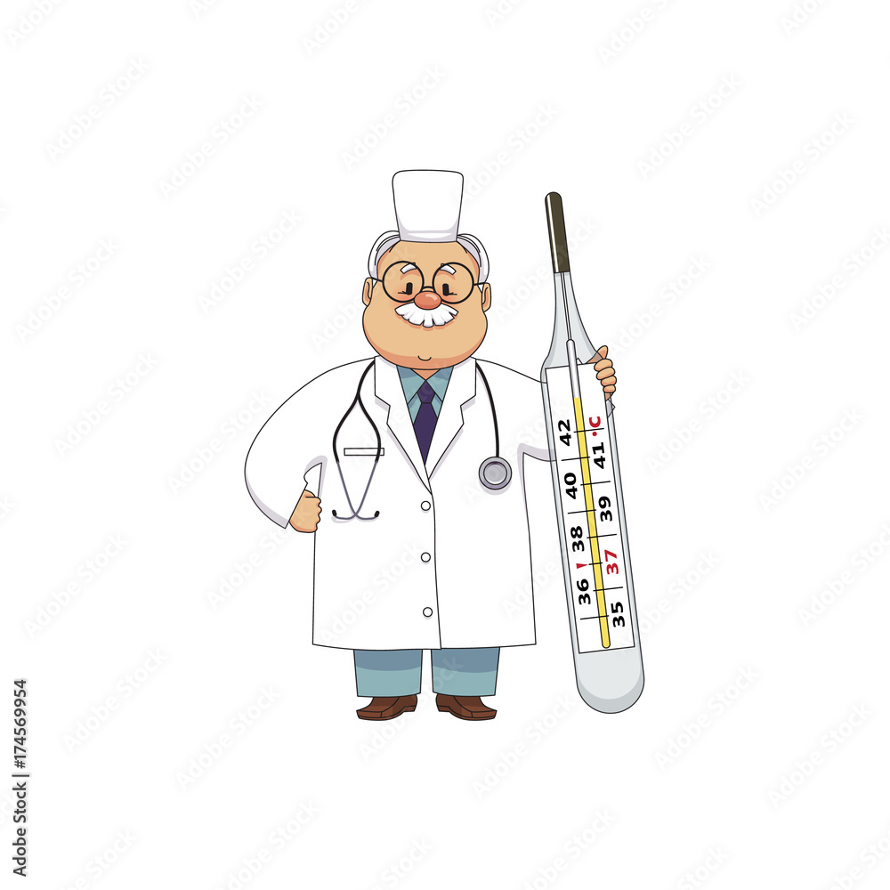 vector flat cartoon adult male doctor, physician or nurse in white medical clothing with beard, keeping huge big thermometer smiling. Isolated illustration on a white background. vector flat cartoon adult male doctor, physician or nurse in white medical clothing with beard, keeping huge big thermometer smiling. Isolated illustration on a white background.