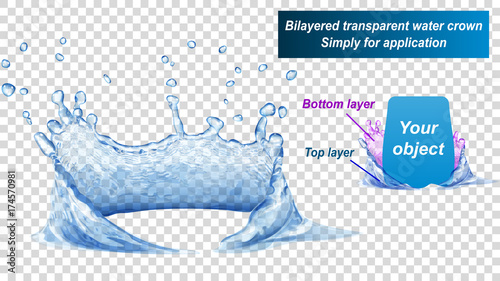 Transparent water crown consist of two layers: top and bottom. Splash of water in blue colors, isolated on transparent background. Transparency only in vector file
