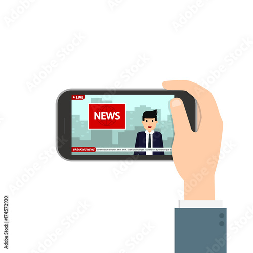 Hand holding mobile phone with online TV translation. Breaking news with TV host. Vector flat design.