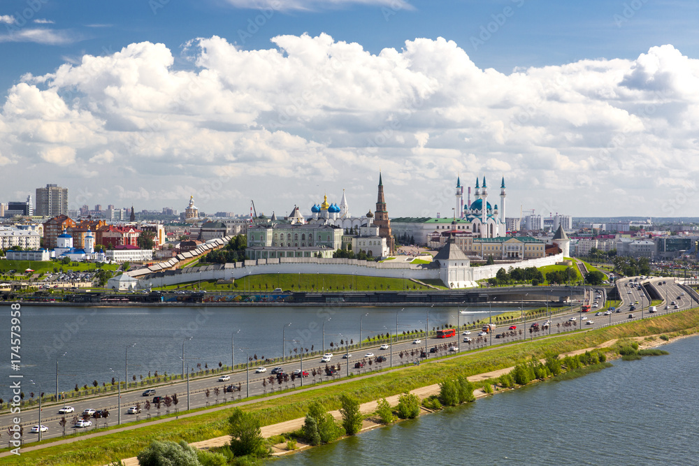 Panorama of the Kazan Kremlin, view from the street of the Decembrists. Kazan, the Republic of Tatarstan, Russia