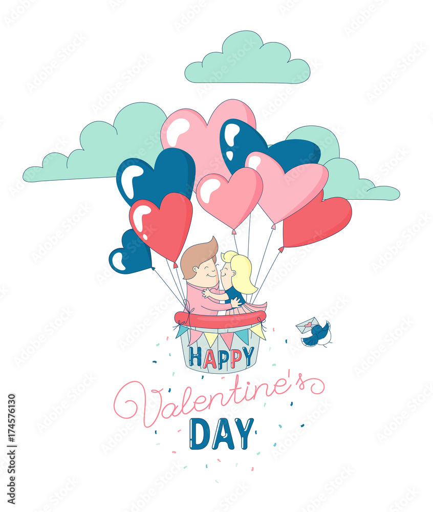 Happy Valentine's Day party greeting card invitation funny boy and girl characters couple in love flying with hot air heart balloons. Line flat design kid's style. Vector illustration. Happy Valentine's Day party greeting card invitation funny boy and girl characters couple in love flying with hot air heart balloons. Line flat design kid's style. Vector illustration.