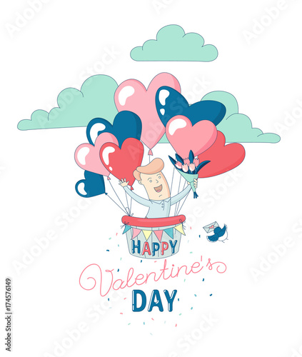 Happy Valentine s Day party greeting card invitation funny boy character flying with hot air heart balloons holding flowers. Line flat design kid s style. Vector illustration.