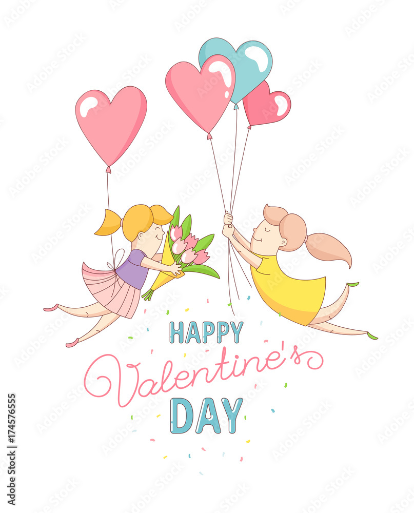 Funny cute gey women characters flying by heart balloons to congratulate each other with Happy Valentine's Day. Flat line design style. Vector illustration.