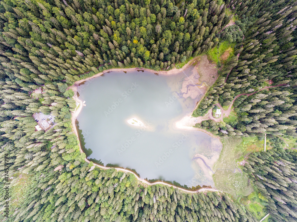 Aerial view of Lake Synevir in Carpathian Mountains in Ukraine