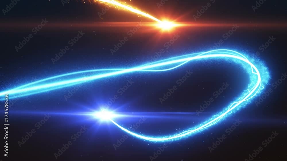 Cold and hot light streak breaks out on a black background with smoke and light particles