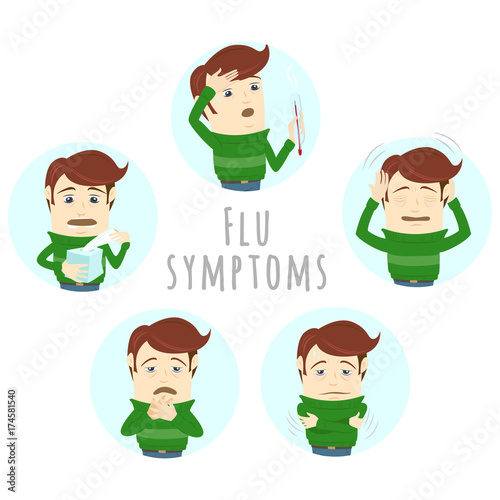 Flu and common cold infographic elements. Prevention symptoms of influenza. Medical icons. Man suffers cold, fever. Isolated vector flat illustration on white background for brochure, poster, banner
