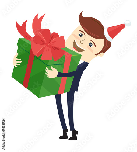 Funny male character wearing holiday christmas cap holding a green present gift box wrapped with red ribbon. Vector illustration