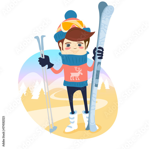 Vector illustration Funny skier standing in front of slopes with his ski and poles wearing knitted hat and sweater with deers. Flat style