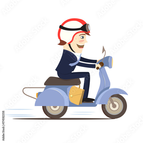 Vector illustration Happy businessman wearing suit riding scooter. Flat style