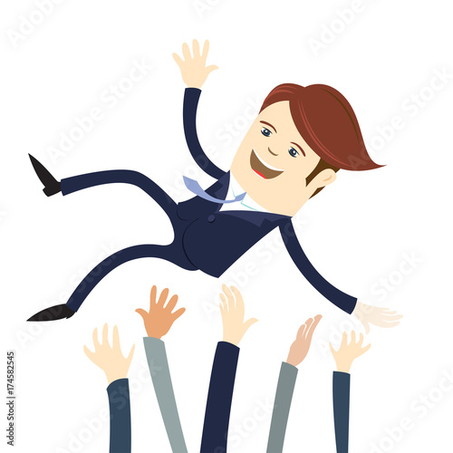 Vector illustration Happy business man wearing suit threw in the air by his team Colleagues. Flat style