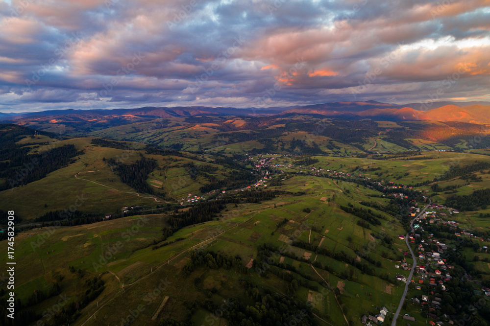 Aerial view of the village in the Carpathian mountains Aerial view of the village in the Carpathian mountains