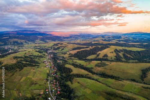 Aerial view of the village in the Carpathian mountains