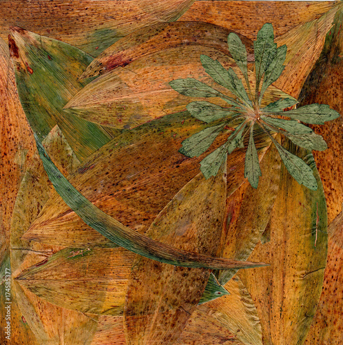 Background laid out of dried yellow and brown leaves of a lily of the valley plant. rosettes of green dandelion leaves, succulent fern, forest grasses