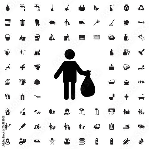Man with garbage icon. set of filled cleaning icons. photo