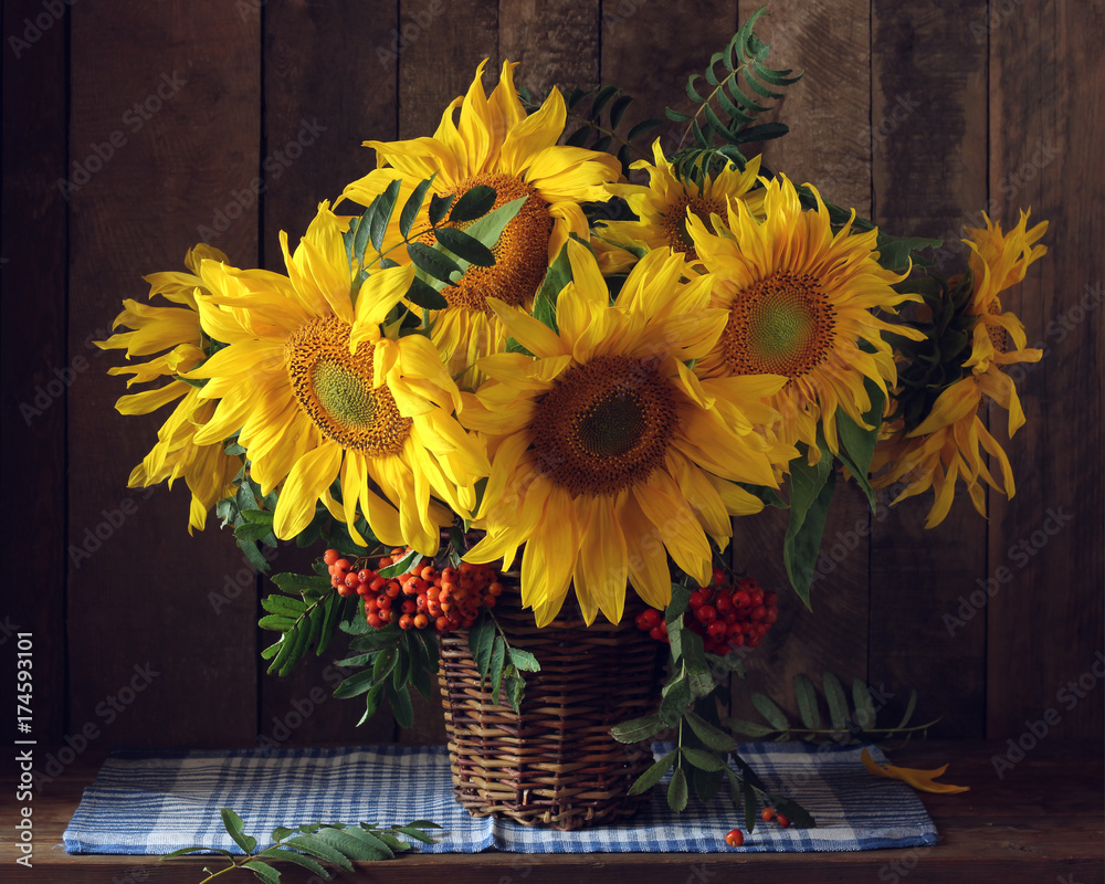 Fototapeta premium bouquet of sunflowers and branches of mountain ash