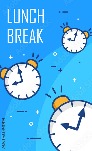 Lunch break poster with alarm clocks on blue background. Thin line flat design. Vector banner.