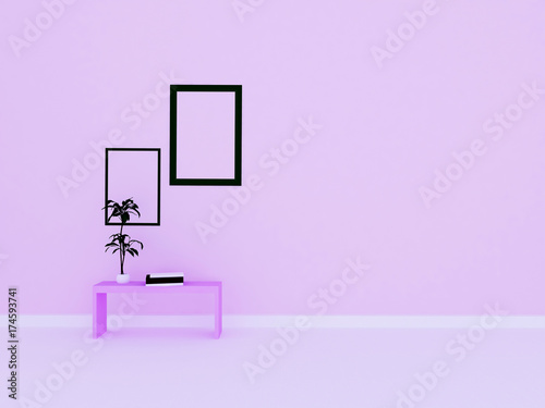 table, plant, frames in the room, 3d