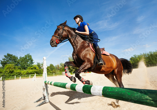 Bay horse with jockey girl jumping over a hurdle © Sergey Novikov