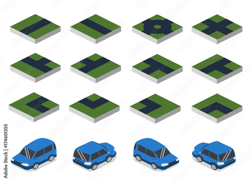 Naklejka premium Isometric 3D vector illustration concept set collection road and car. Parts of the road and the machine in different angles