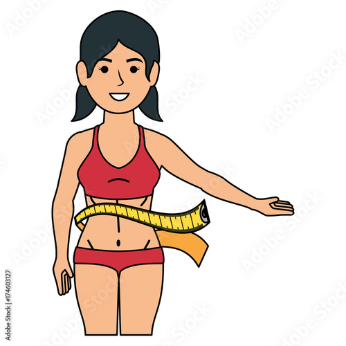 slim woman in a sports suit with tape measure