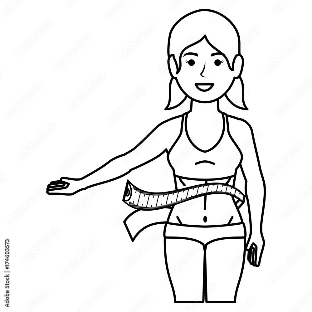 slim woman in a sports suit with tape measure