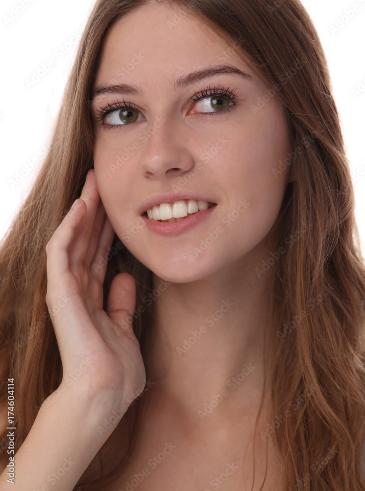 Natural beauty. Close up portrait of happy Girl with Perfect Smile, White Teeth and Clean healthy Skin Natural beauty. Close up portrait of happy Girl with Perfect Smile, White Teeth and Clean healthy Skin