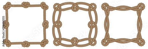 Set of 3 rope vector square frames with knots and loops