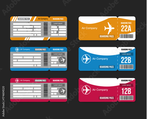 Set Travel concept airplane tickets Isolated on black  background. Vector illustration 