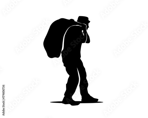 old man holds bag silhouette, a poor man holds bag, illustration design, isolated on white background. 