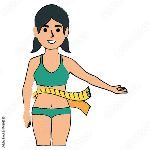 slim woman in a sports suit with tape measure