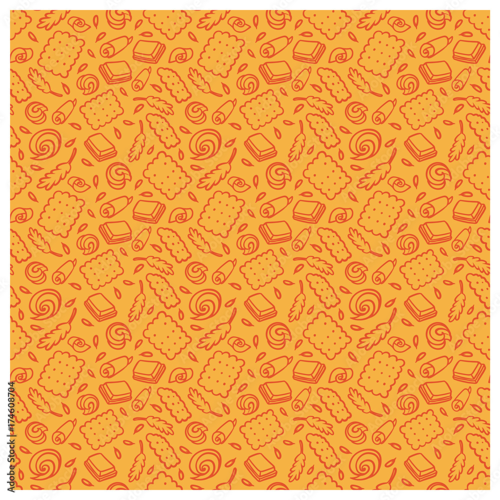 seamless pattern of biscuit, butter, chocolate, ears of corn. suitable for use as packaging paper, greeting card