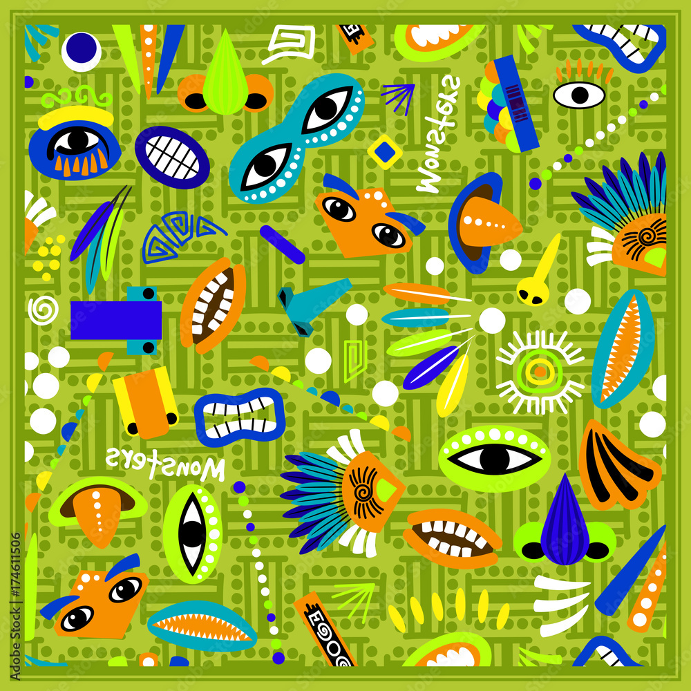 kids green bandana with monster pattern