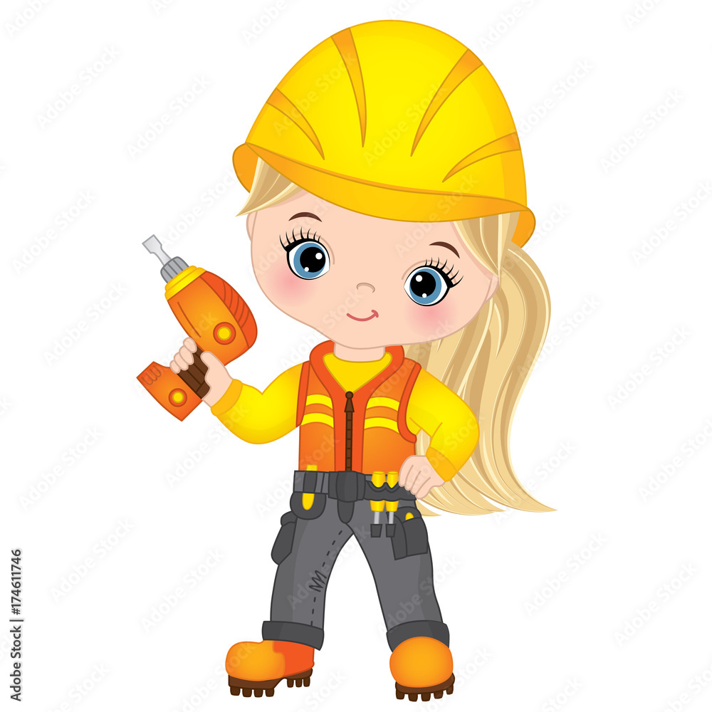 Vector Cute Little Girl Builder Drilling Vector Cute Little Girl Builder Drilling