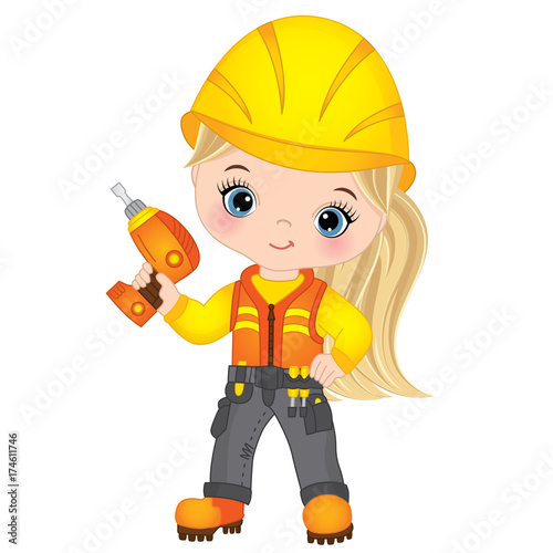 Vector Cute Little Girl Builder Drilling