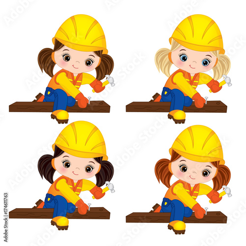 Vector Cute Little Girls Builders Hammering Nails