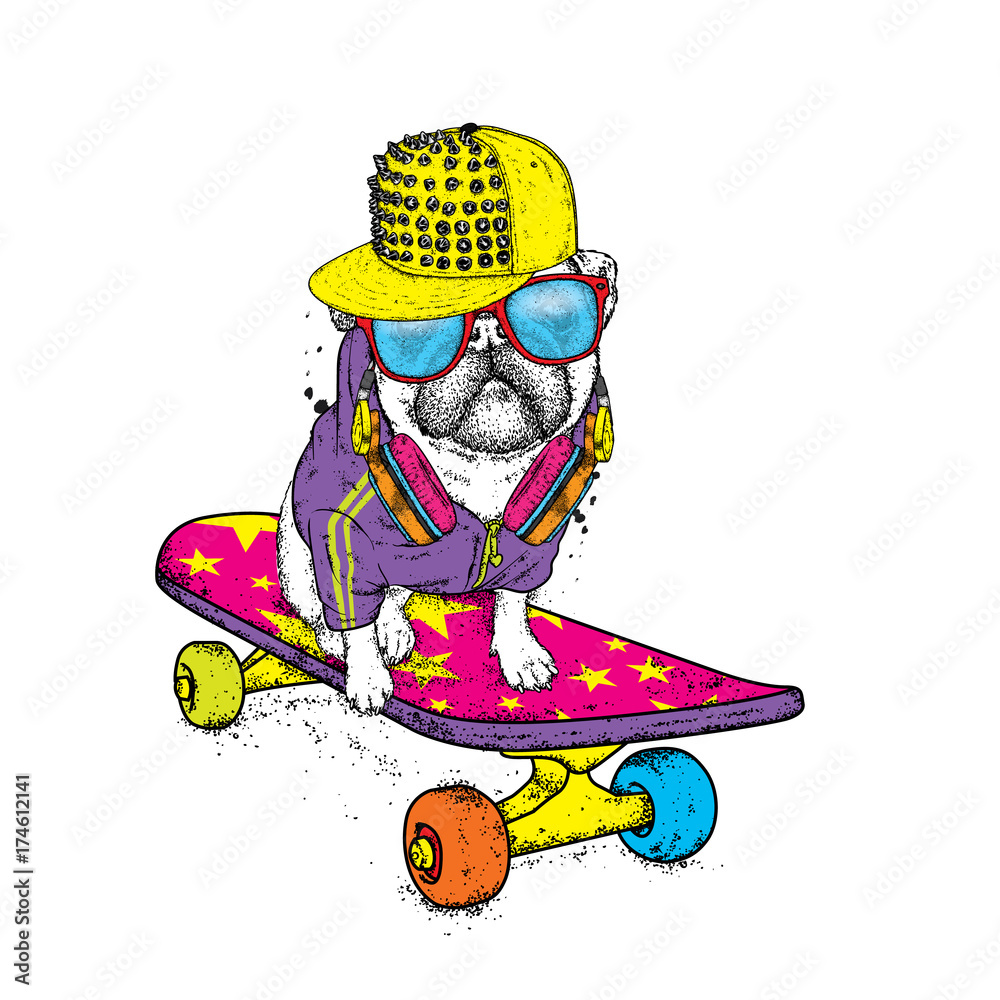 Funny pug on a skateboard. Vector illustration. Pedigree dog. Puppy wearing  a cap and headphones. Stock-Vektorgrafik | Adobe Stock