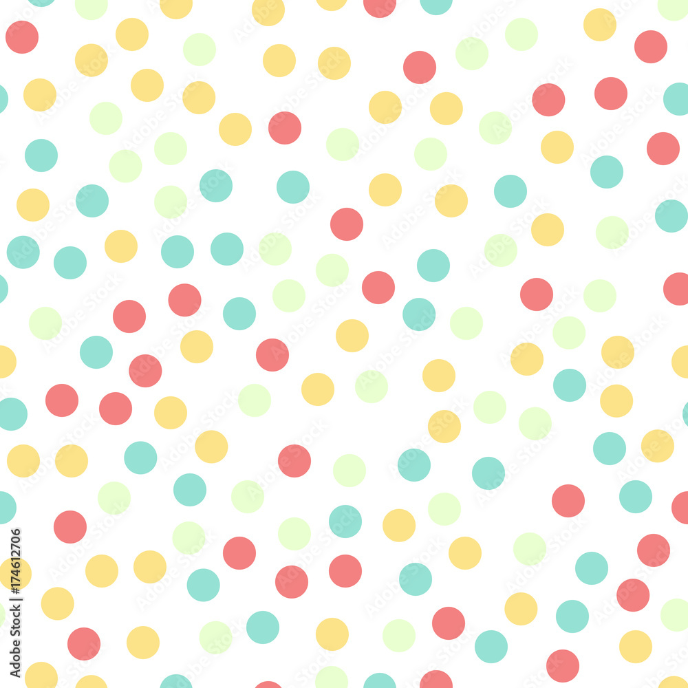 Colorful polka dots seamless pattern on white 16 background. Appealing classic colorful polka dots textile pattern. Seamless scattered confetti fall chaotic decor. Abstract vector illustration. Colorful polka dots seamless pattern on white 16 background. Appealing classic colorful polka dots textile pattern. Seamless scattered confetti fall chaotic decor. Abstract vector illustration.